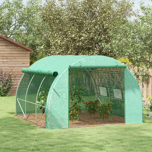 Outsunny Polytunnel Greenhouse Walk-in Grow House Tent with Roll-up Sidewalls, Zipped Door and 6 Windows, 3x3x2m Green