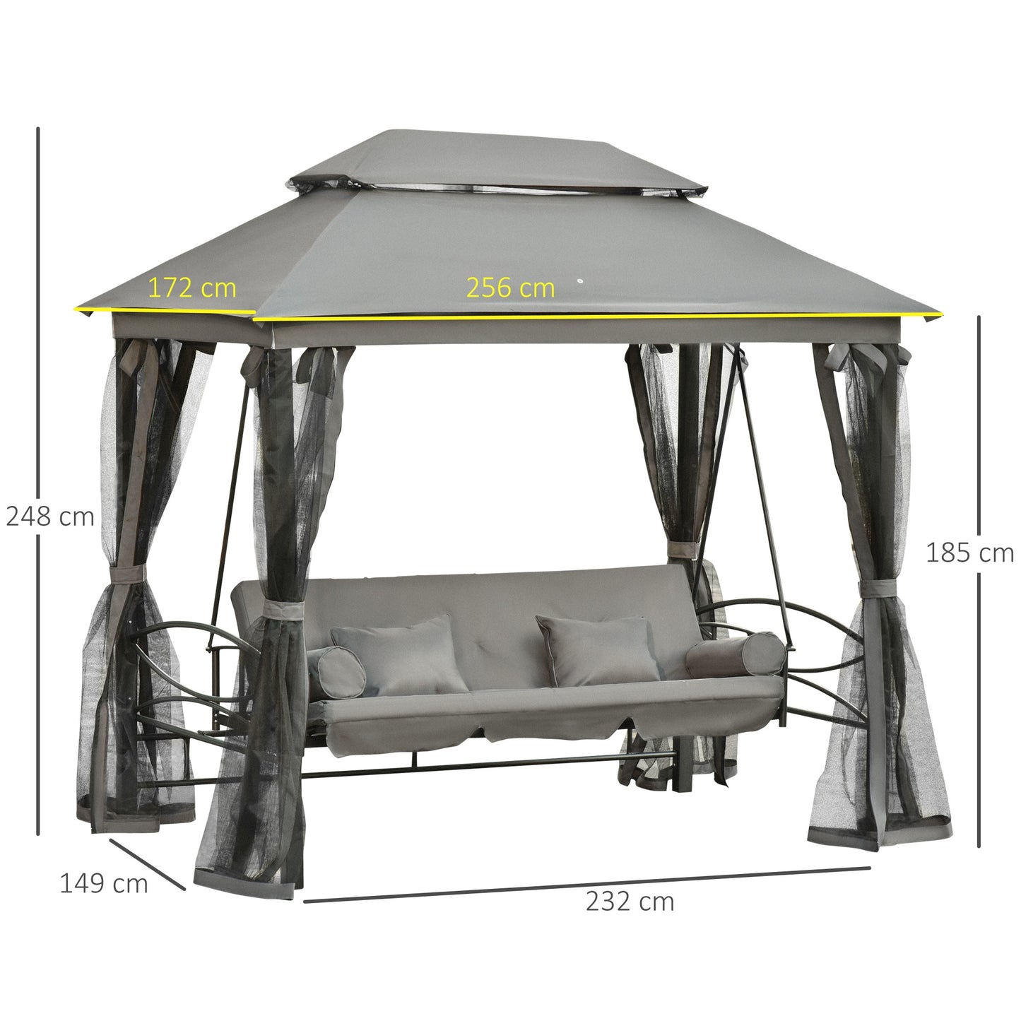 Outsunny 3 Seater Swing Chair Hammock Gazebo Patio Bench Outdoor with Double Tier Canopy, Cushioned Seat, Mesh Sidewalls, Grey