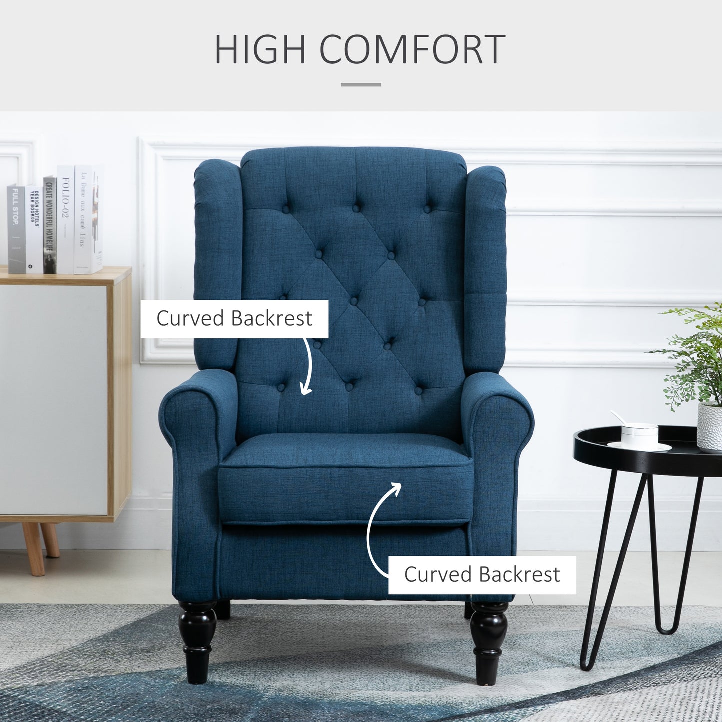 Vintage Style Wingback Accent Chair, Retro Upholstered Button Tufted Occasional Chair for Living Room and Bedroom, Blue