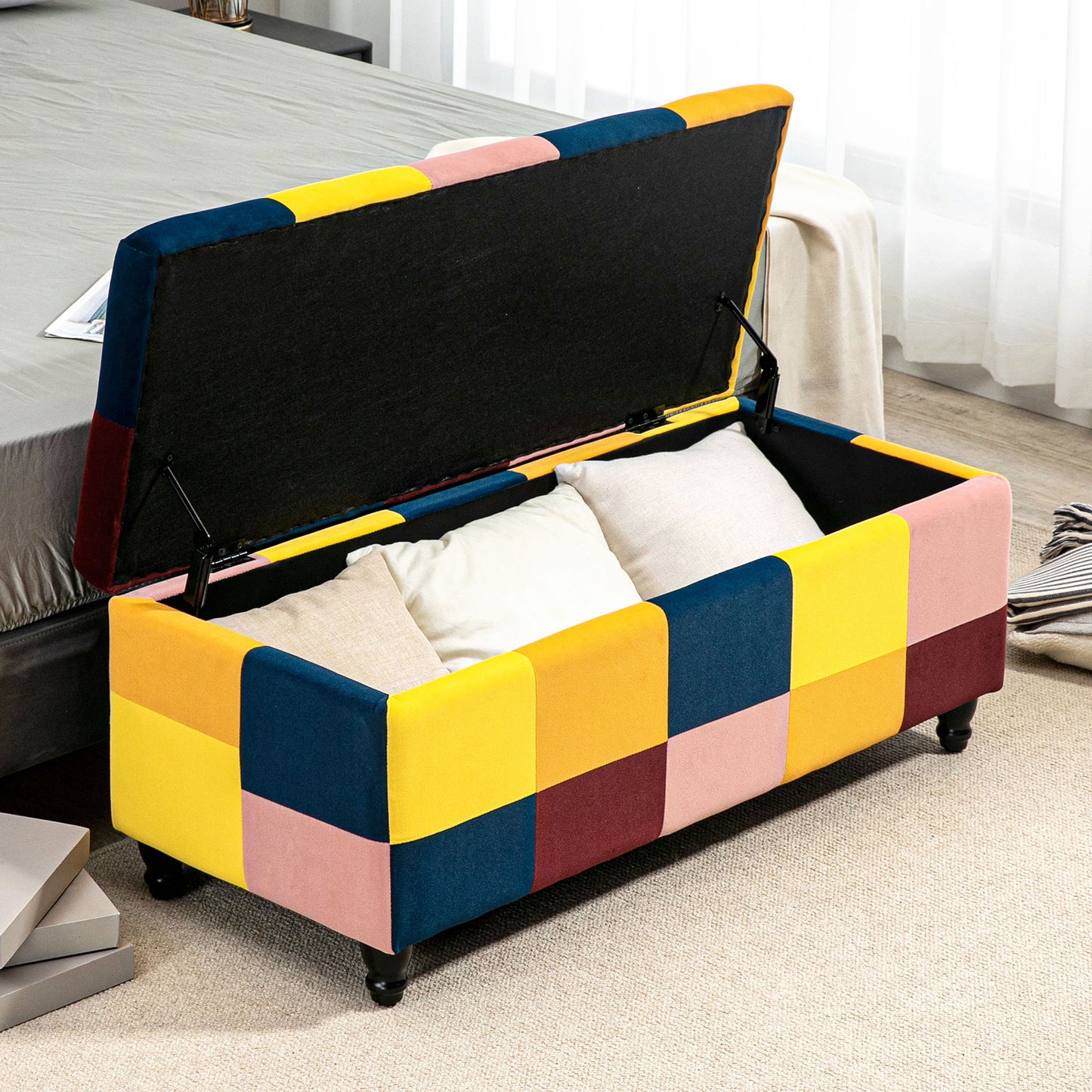 Velvet Storage Ottoman, Button-tufted Footstool Box, Toy Chest with Lid for Living Room, Bedroom, Multicoloured 114 x 47 x 47cm