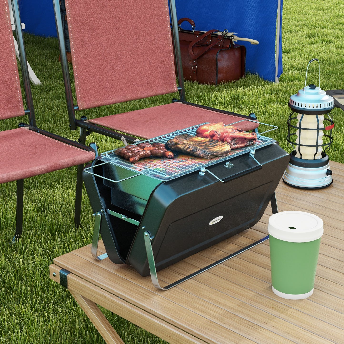 Outsunny Foldable Suitcase Design Mini Charcoal Barbecue Grill BBQ, Black