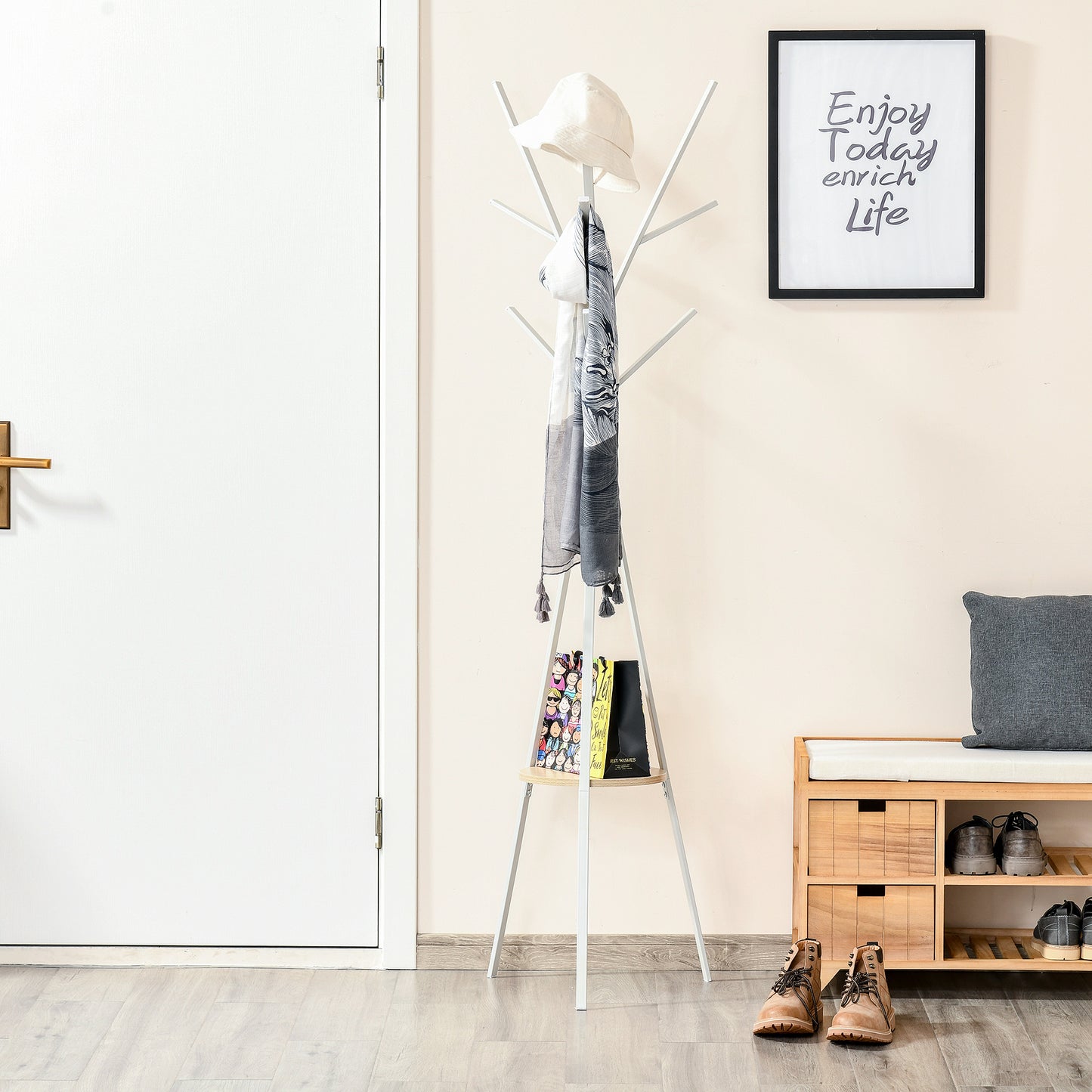 Free Standing Metal Coat Rack Stand 9 Hooks Clothes Tree with 1 Shelf Hat Display Hall Tree Hanger Bag for Hallway Living Room White 180cm