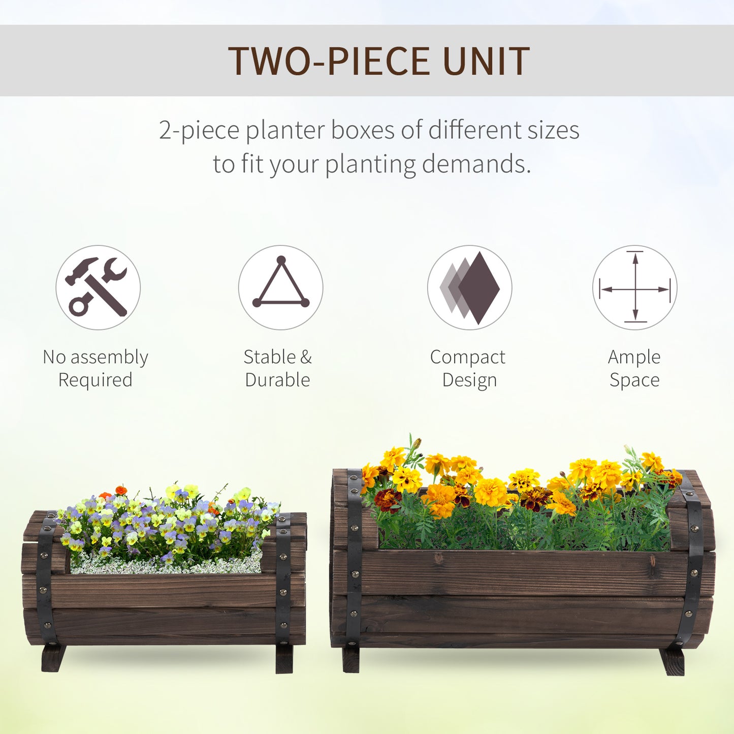 Outsunny Set Up for 2 Wooden Planter Box Flower Plant Pot Outdoor & Indoor Flower Beds Plant Box with Solid Wood Carbonized Colour