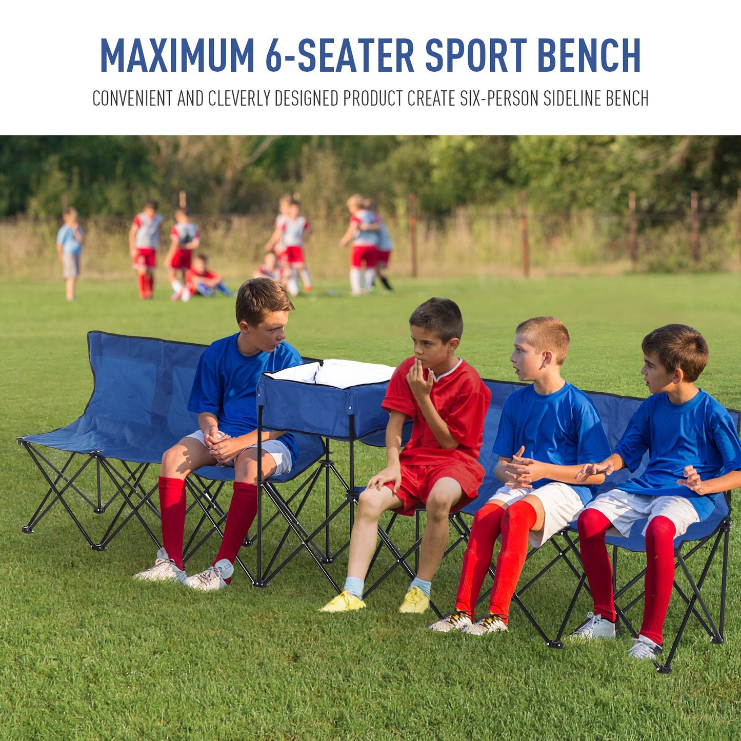 Outsunny Team Substitute Bench 6-Seater Folding Steel Camping Bench w/ Cooler Bag Blue