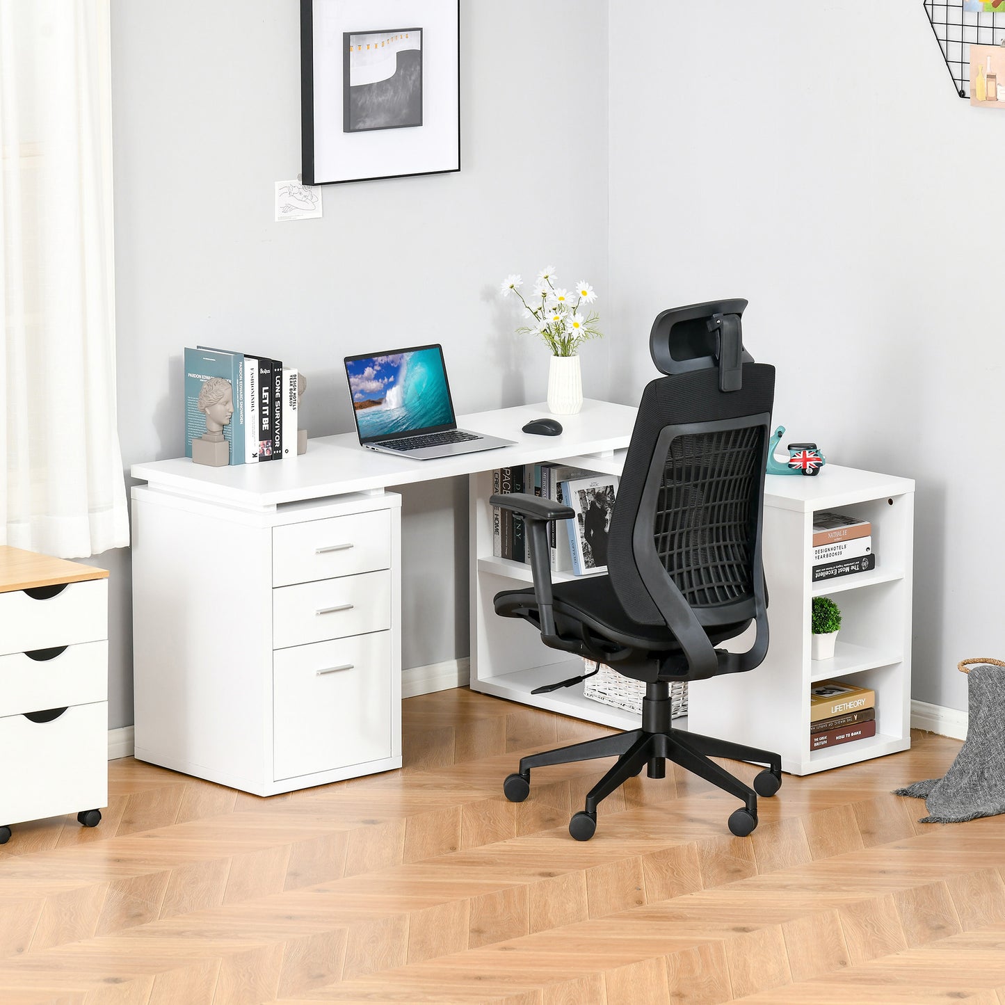 L-Shaped Computer Desk Home Office Corner Desk Study Workstation Table with Storage Shelves and Drawers, White