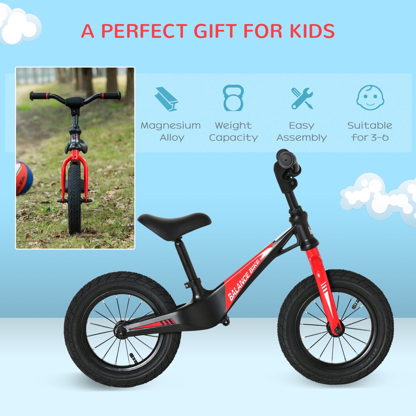 30cm Kids Balance Bike, No Pedal Training Bicycle, w/ Air Filled Tires, Adjustable Handlebar, Padded Seat, for Children Aged 3-6
