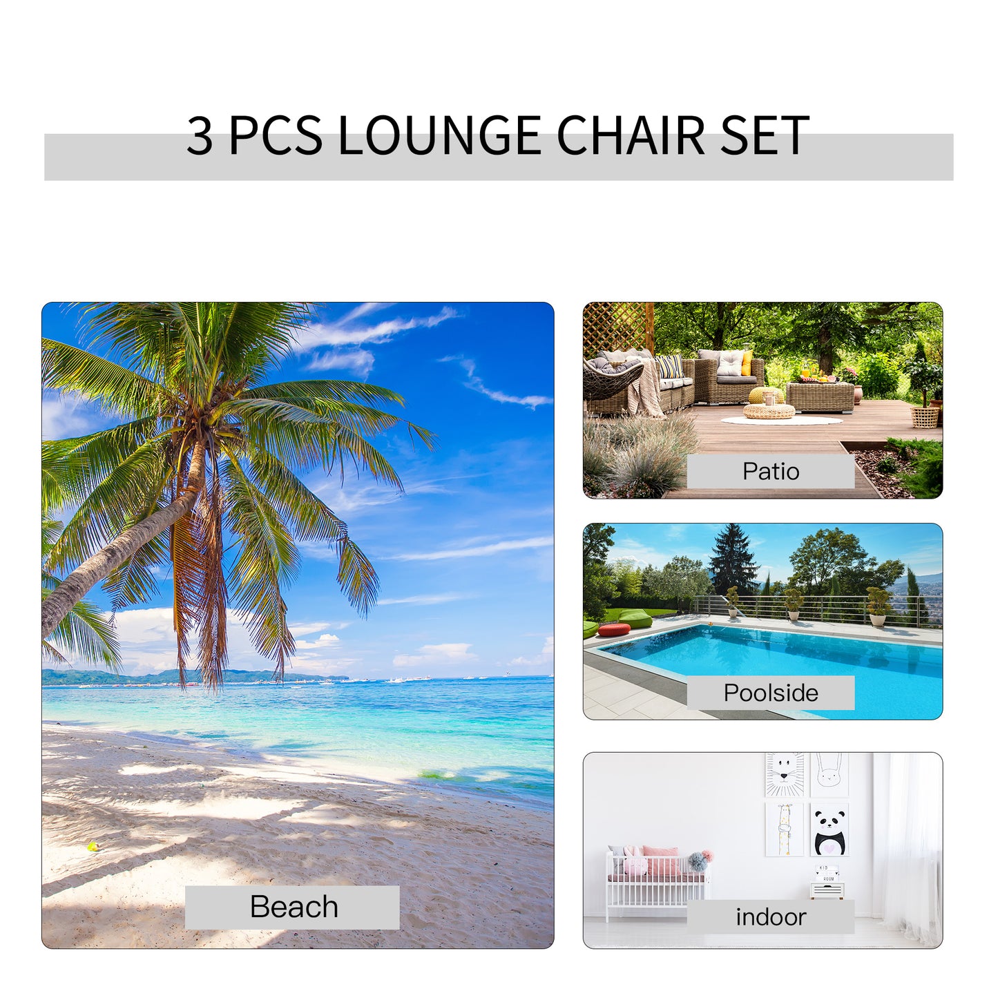 Outsunny 3 Pieces Lounge Chair Set Garden Outdoor Recliner Sunbathing Chair with Table, Light Grey