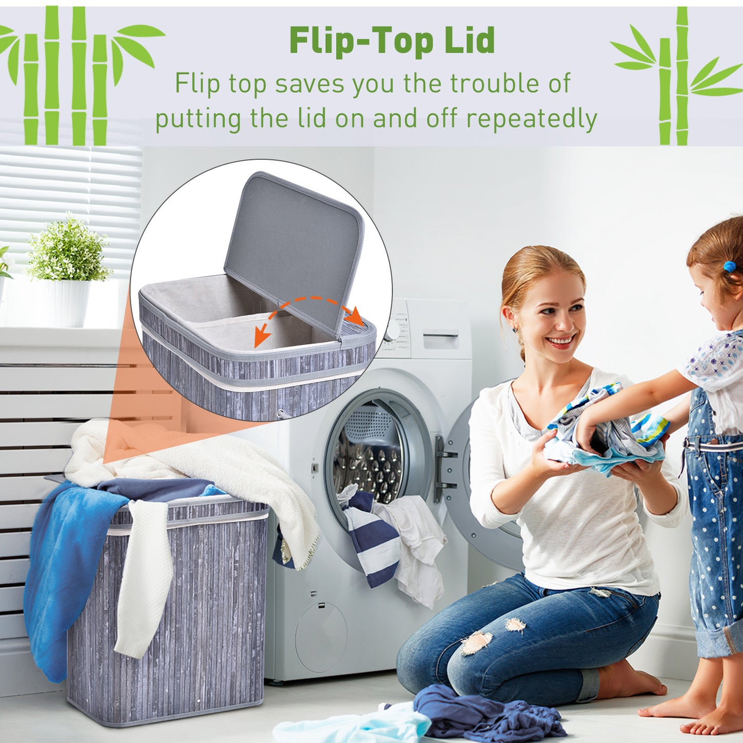 Wooden Laundry Basket w/ Split Compartment Lid Removable Lining Handles Air Holes Ventilation Durable Water-Resistant Clothes Storage Grey 100L