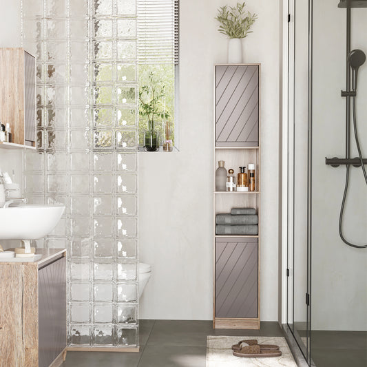 Freestanding Bathroom Storage Cabinet w/ 2 Cupboards 2 Compartments Home Organisation Anti-Tipping Elevated Base 30L x 24W x 170Hcm Grey&Brown