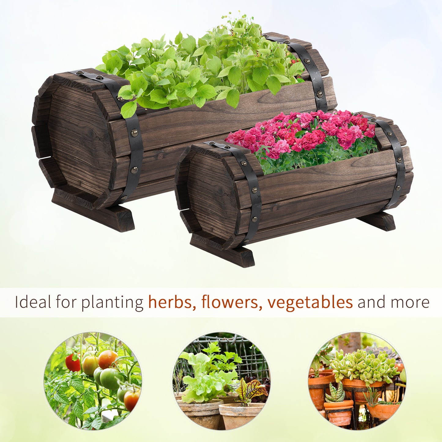 Outsunny Set Up for 2 Wooden Planter Box Flower Plant Pot Outdoor & Indoor Flower Beds Plant Box with Solid Wood Carbonized Colour