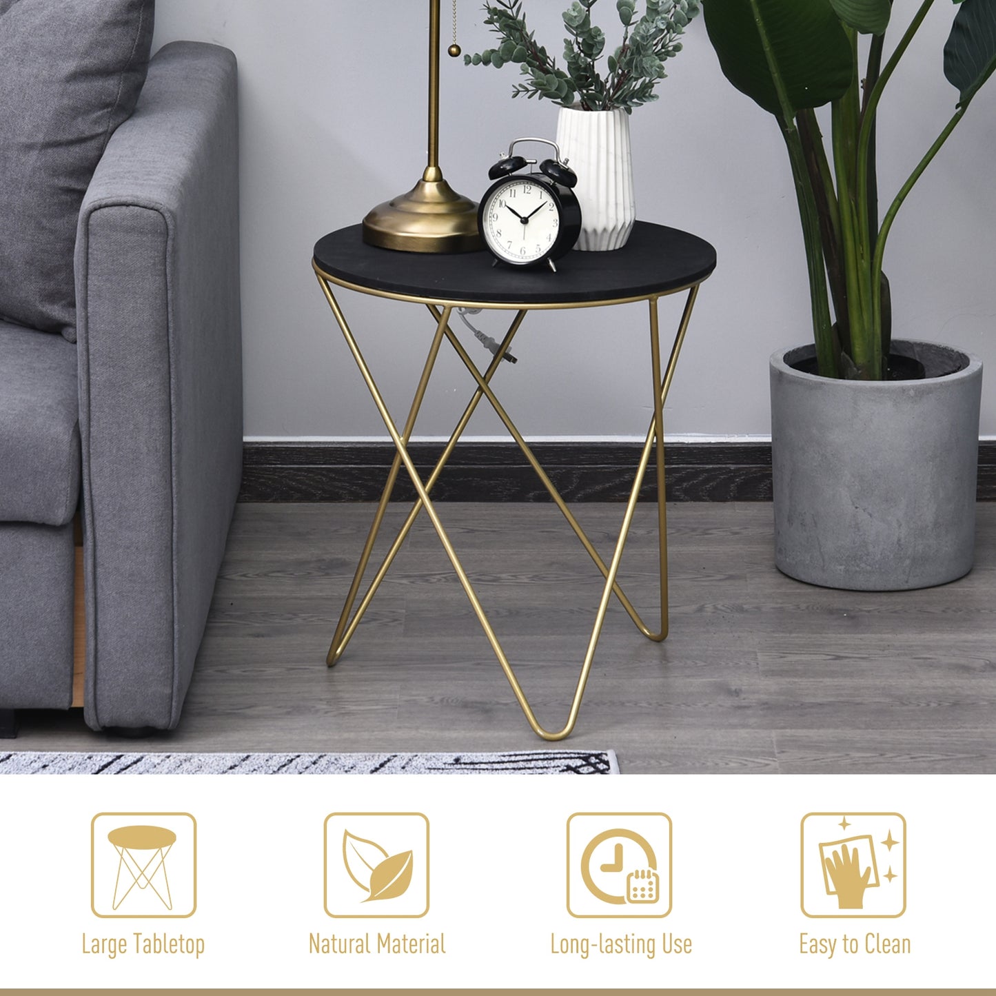 Wooden Metal Round Coffee Table Sofa End Side Bedside Table Modern Style Living Room Decor - Black Gold Color (Φ43cm)