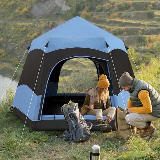 Outsunny Double Layer Dome Tent With Rainfly And Welded Floor 4 Man Hexagon Pop Up Portable Camping Shelter With Carry Bag - Blue and Black
