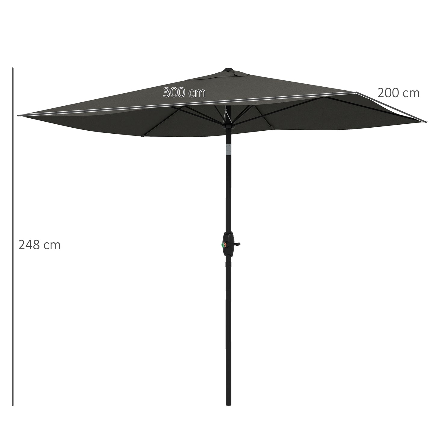 2 x 3(m) Garden Parasol Umbrella, Rectangular Outdoor Market Umbrella Sun Shade With Crank & Push Button Tilt, 6 Ribs - Dark Grey