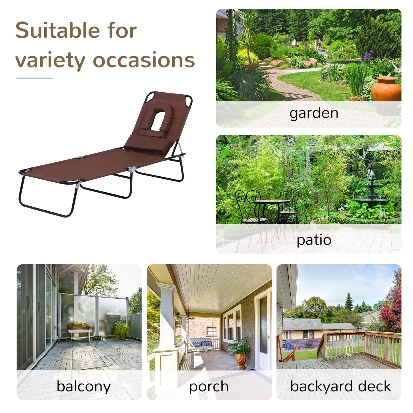 Outsunny Sun Lounger Foldable Reclining Chair with Pillow and Reading Hole Garden Beach Outdoor Recliner Adjustable Brown
