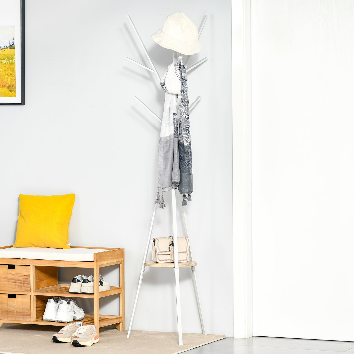 Free Standing Metal Coat Rack Stand 9 Hooks Clothes Tree with 1 Shelf Hat Display Hall Tree Hanger Bag for Hallway Living Room White 180cm