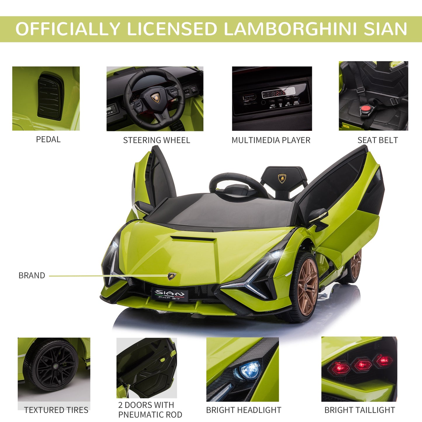 Kids Electric Ride On Car Lamborghini SIAN Toy with Parental Remote Control Lights MP3 for 3-5 Years Old Green 12V Battery-powered