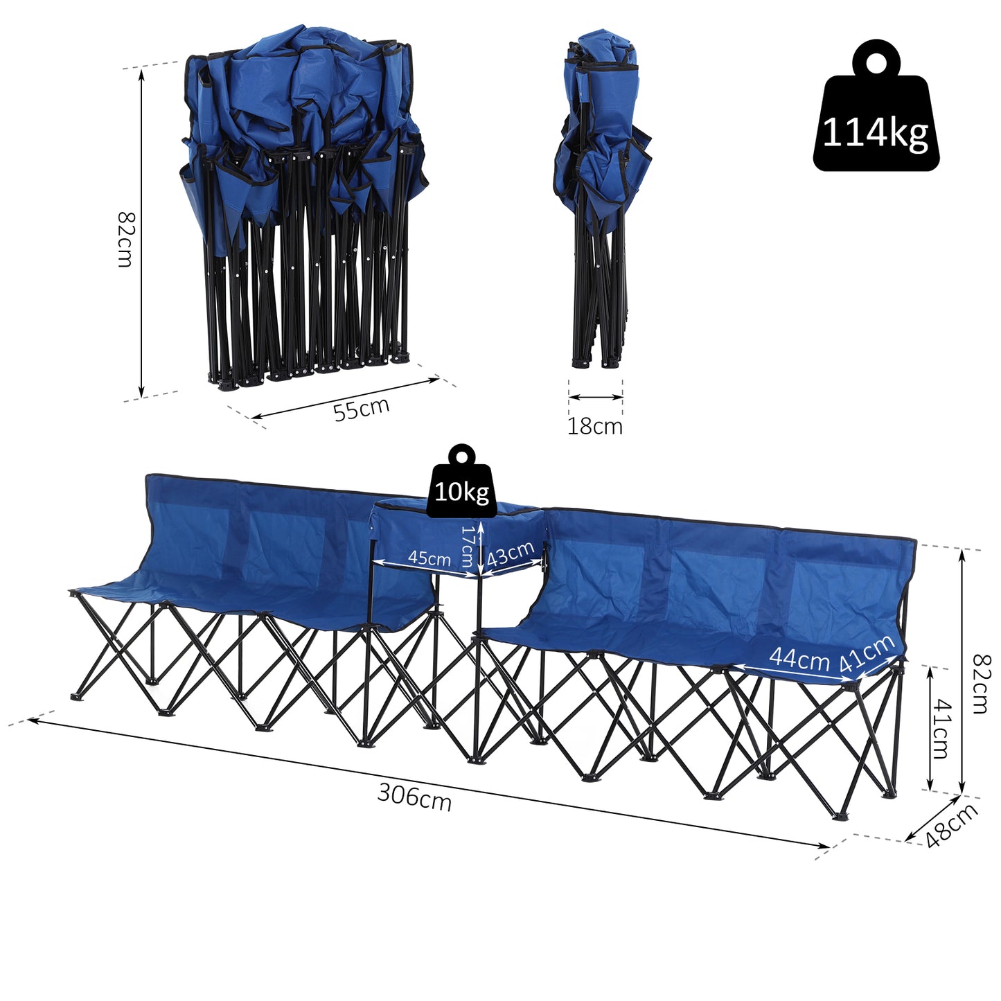 Outsunny Team Substitute Bench 6-Seater Folding Steel Camping Bench w/ Cooler Bag Blue