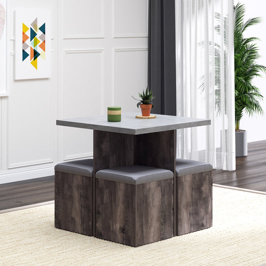 5 Piece Dining Set Garden Patio Wooden Set 4 Storage Stools Footrest Ottoman with Cushions + 1 Table Space Saving Design Indoor Outdoor