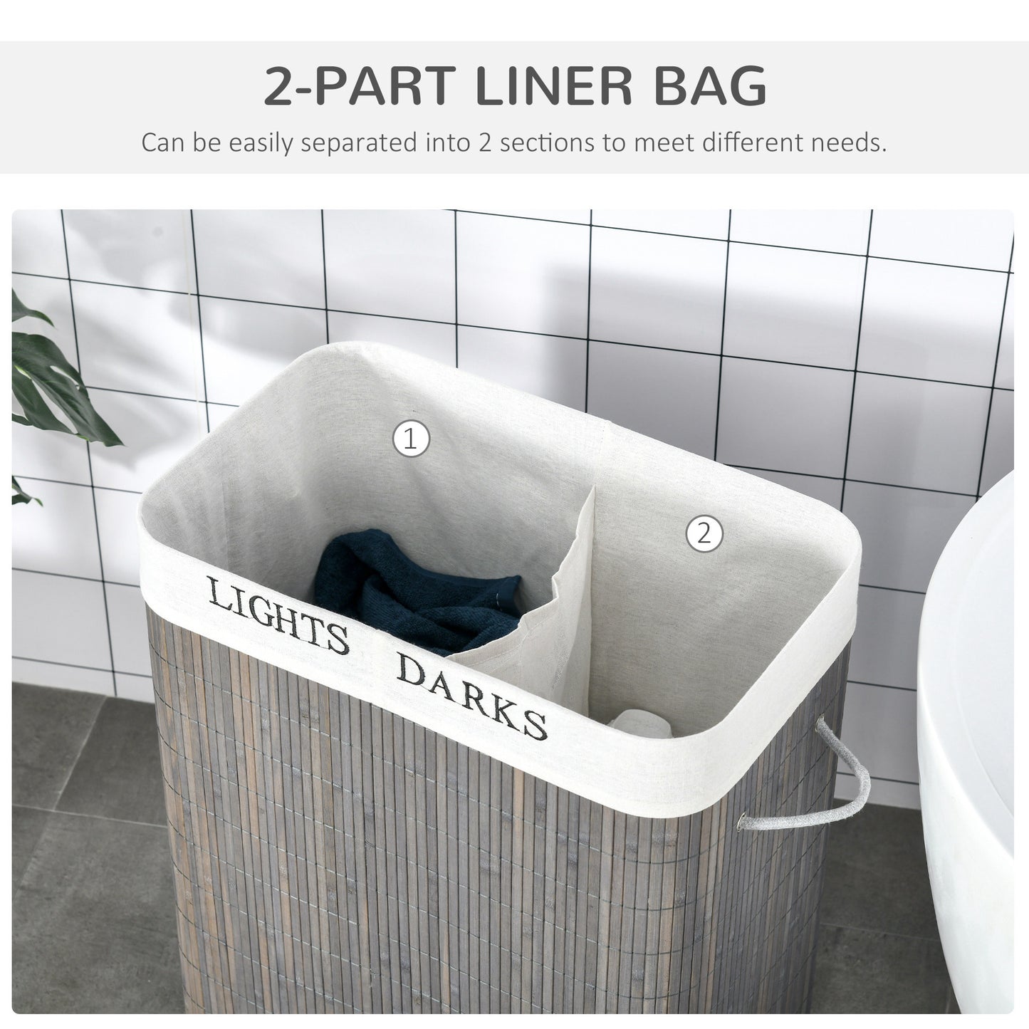 Laundry Basket with Flip Lid String Handles, 2 Section Collapsible Hamper Removable Lining Foldable Water-Resistant Dirty Clothes Storage 100L