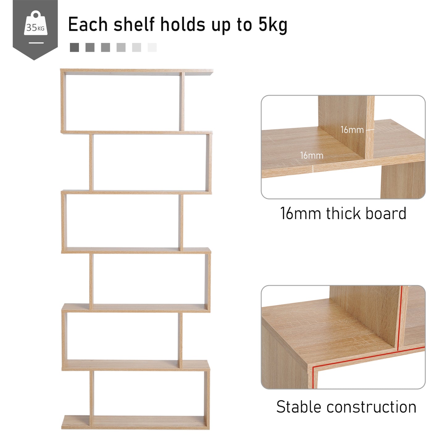 Wooden Wood S Shape Storage Display 6 Shelves Room Divider Unit Chest Bookshelf Bookcase Cupboard Cabinet Furniture (Oak)