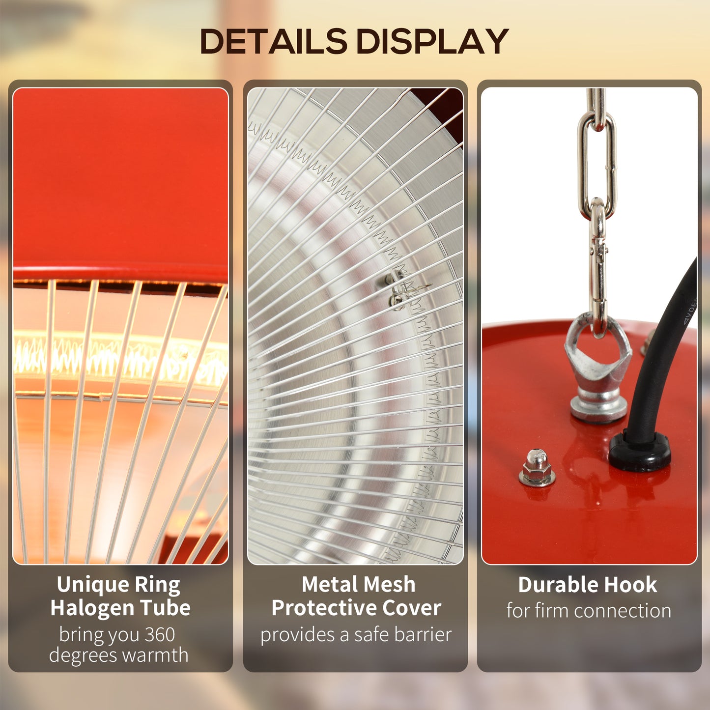 Outsunny 1500W Garden Electric Halogen Patio Heater Hanging Lamp Aluminum Outdoor Ceiling Mounted Heat Warmer - Red