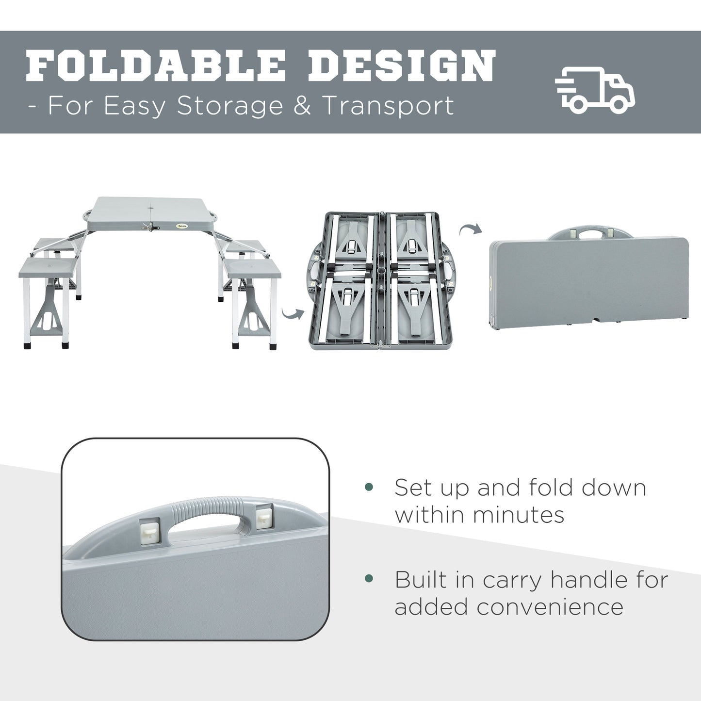 Outsunny Portable Foldable Camping Picnic Table with Seats Chairs and Umbrella Hole, 4-Kids Fold Up Travel Picnic Table, Grey