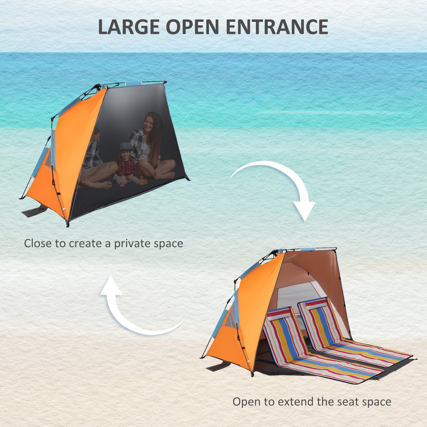 Outsunny Pop Up Beach Tent, Easy Set Up Sun Shelter, Portable Instant Beach Canopy w/ Extended Porch, Sandbags, Mesh Screen Windows for 1-2 Person