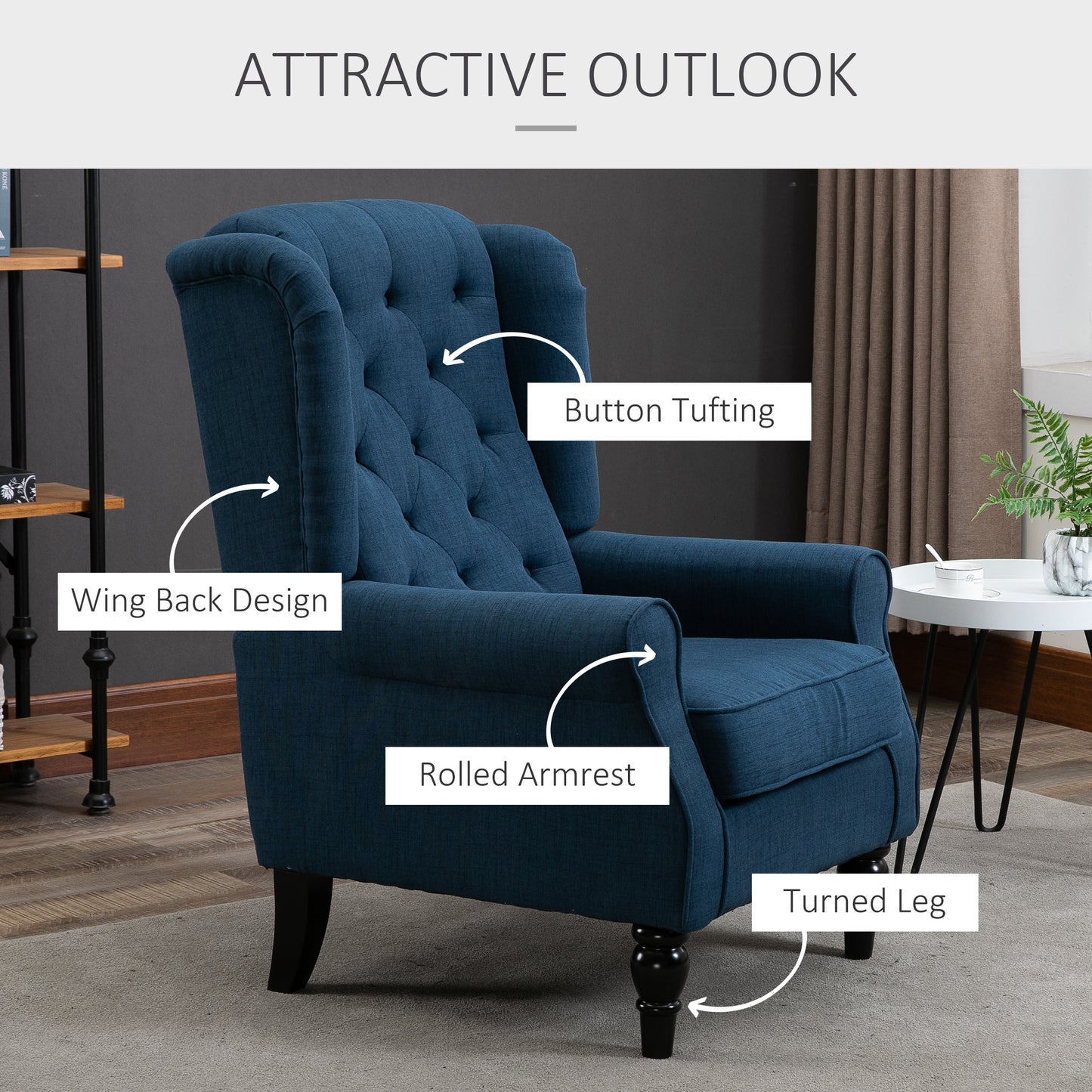 Vintage Style Wingback Accent Chair, Retro Upholstered Button Tufted Occasional Chair for Living Room and Bedroom, Blue