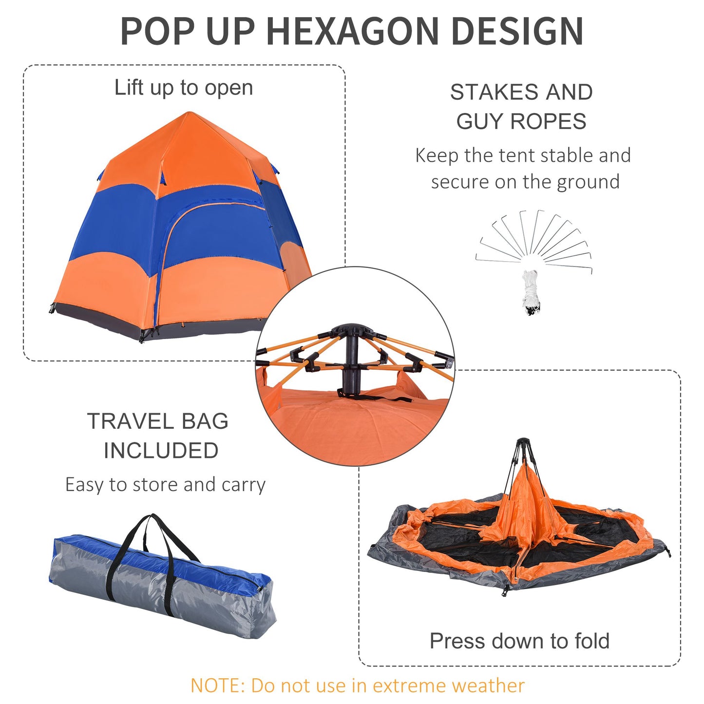 Outsunny Six Man Hexagon Pop Up Tent Camping Festival Hiking Shelter Family Portable