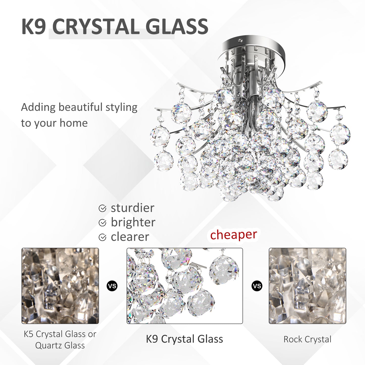 3 Lights Modern Style Ceiling Chandelier Pendant Crystal Light w/ Transparent K9 Crystal Droplets D40 X 28H (CM)