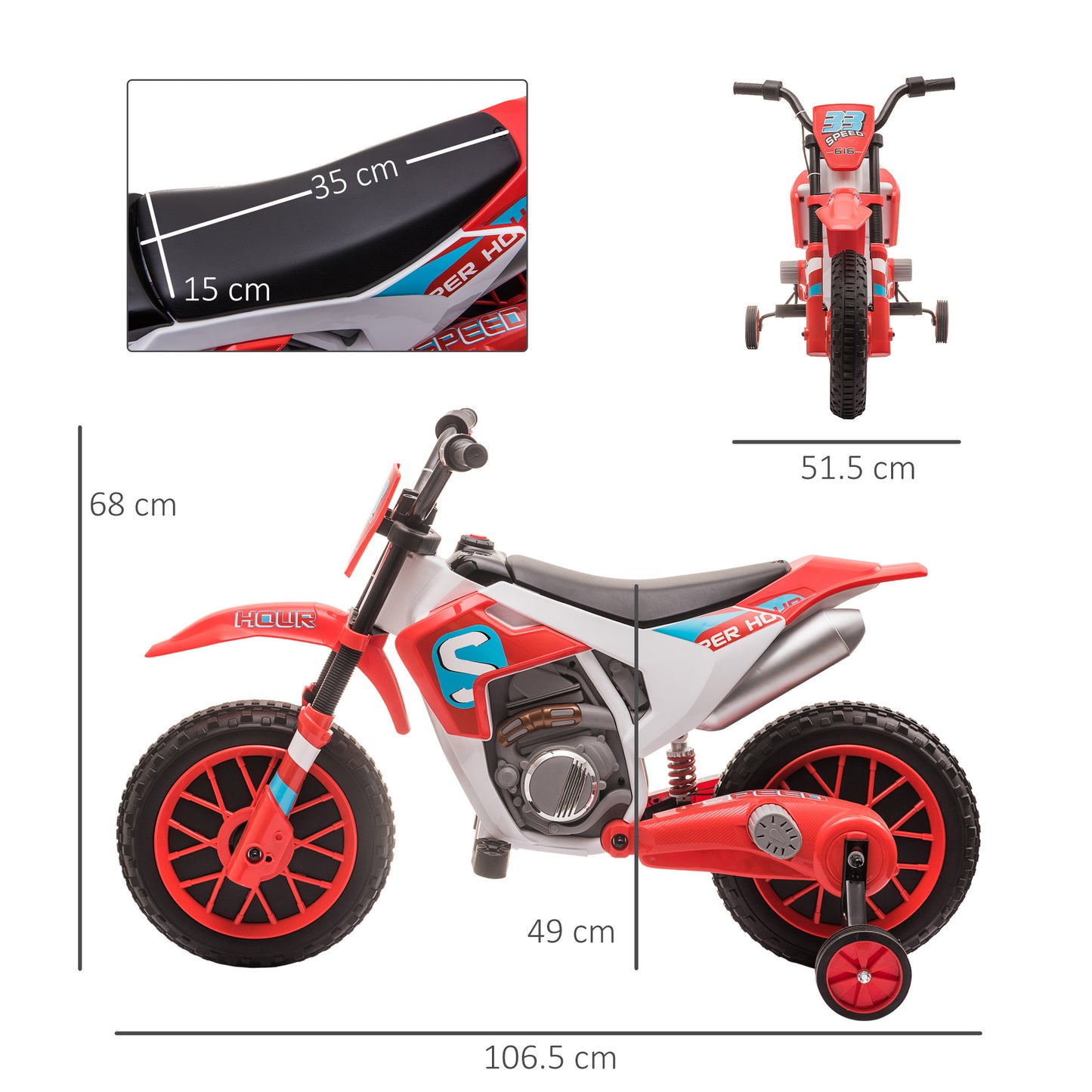 Kids 12V Electric Motorcycle Ride-On, with Training Wheels, for Ages 3-6 Years - Red