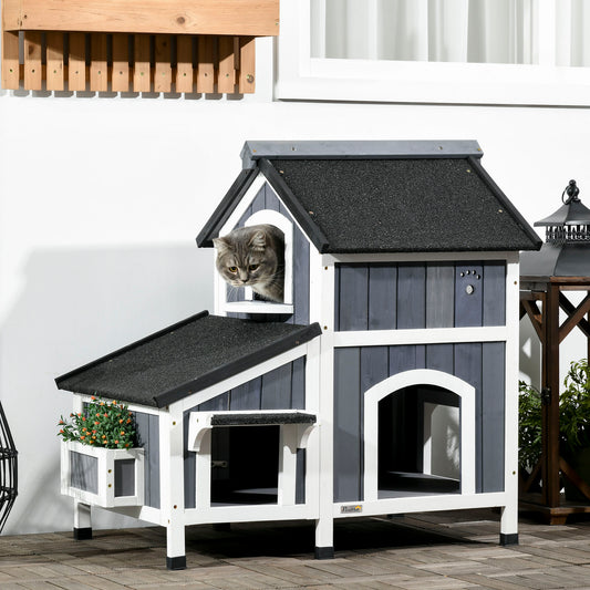 PawHut Wooden Cat House Outdoor with Flower Pot, 2 Tiers Cat Shelter with Window, Multiple Entrances, Water-resistant Roof, Grey