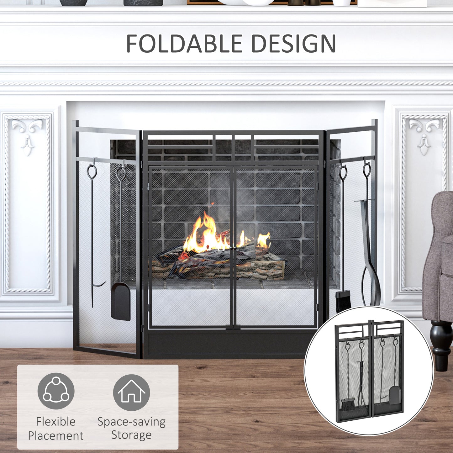 3 Panel Folding Fire Guard, Steel Fireplace Screen with Double Door and Mesh Design for Open Fire, 122W x 80H cm, Black