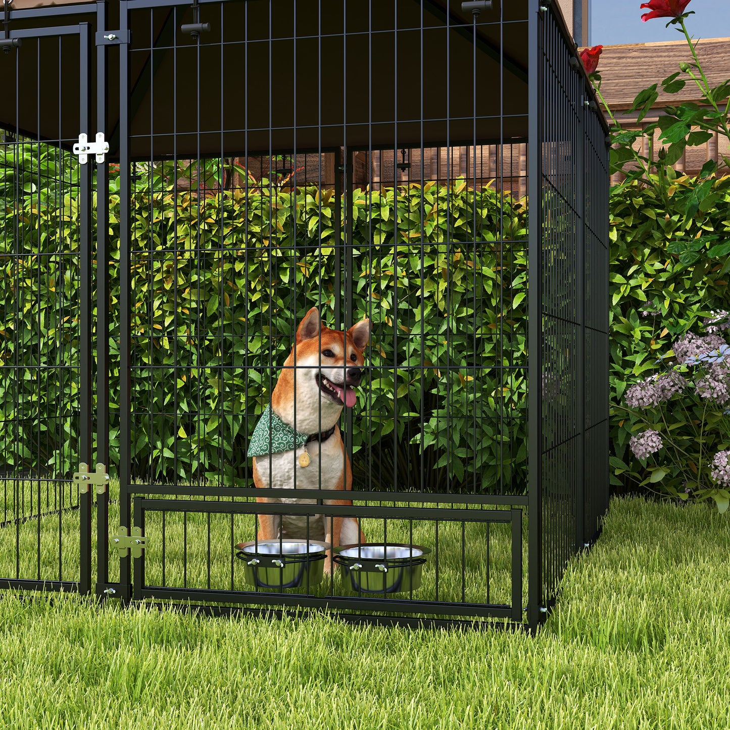 Outdoor Dog Kennel & Playpen | Waterproof Canopy | Lockable Gate | Rotating Bowl Holder | 2 Bowls Included | 141 x 141 x 151cm | Brown