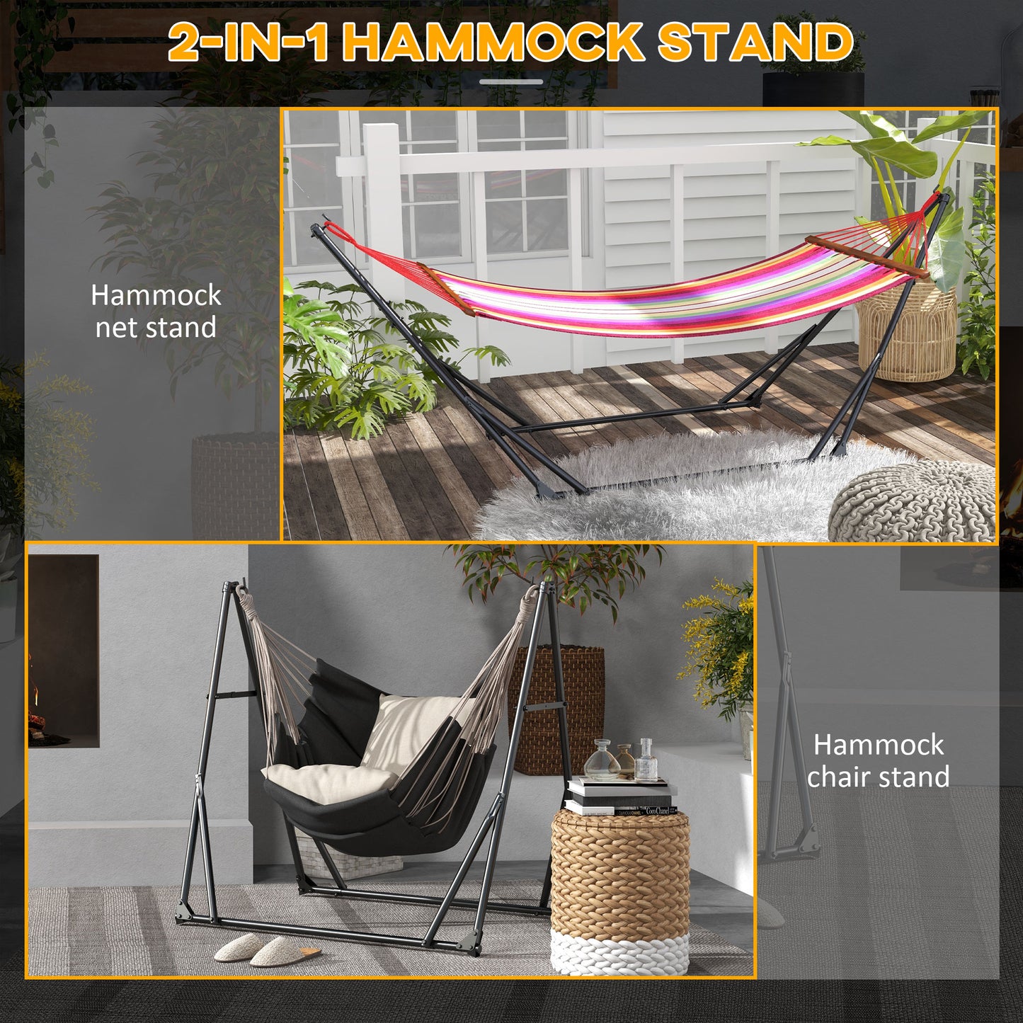 Outsunny Foldable Hammock Stand Portable With Metal Frame, 2 in 1 Net Support, Chair Stand With Carry Bag, Load Capacity 120kg - Black