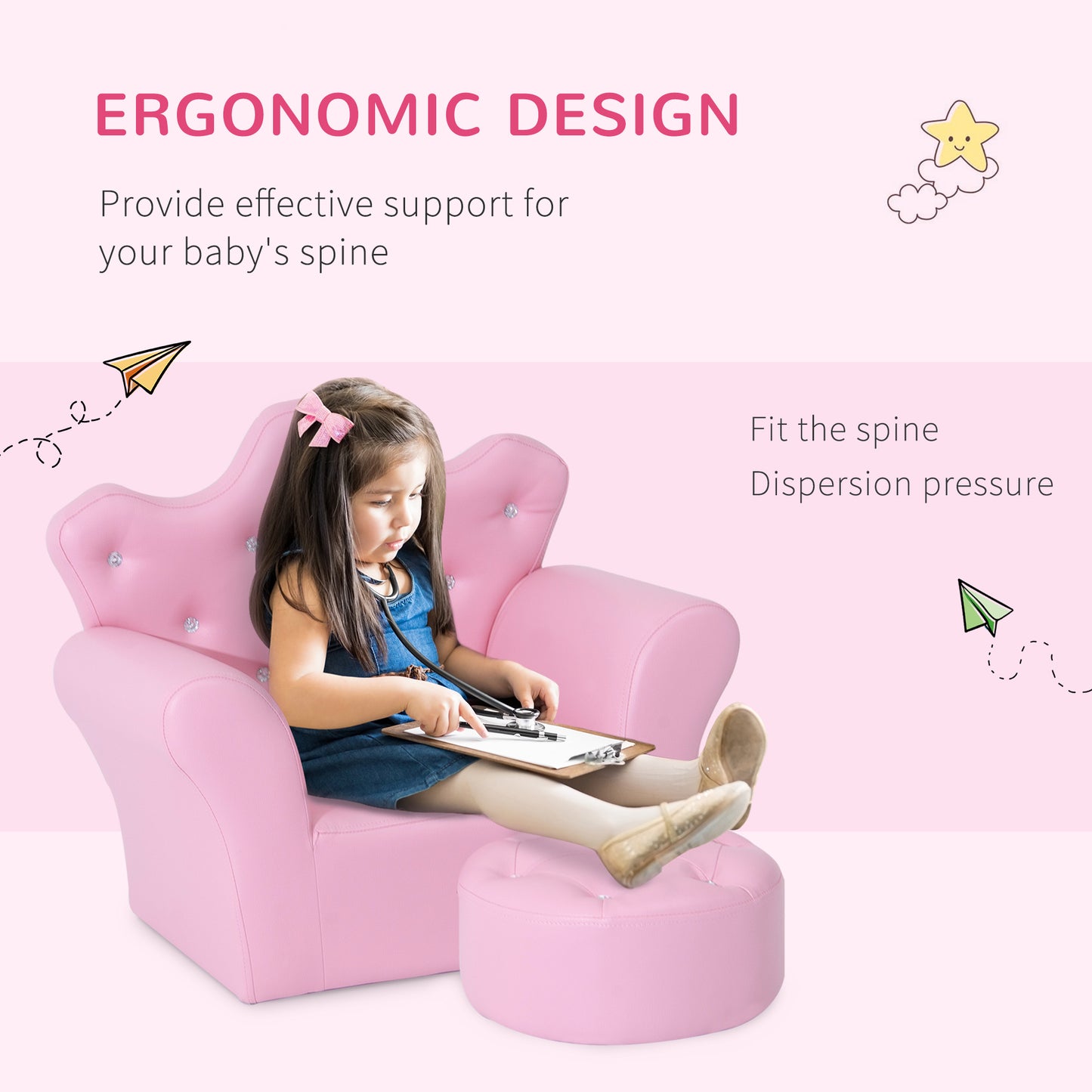 Children's Kids Sofa Set Armchair Chair Seat with Free Footstool PU Leather Pink