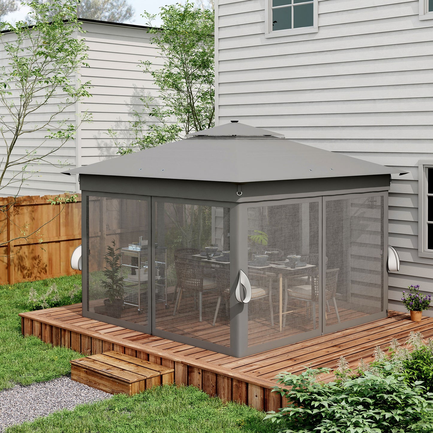 Outsunny 3 x 3(m) Pop Up Gazebo Party Tent with Solar-Powered LED Lights, Adjustable Event Shelter with Curtain, Netting, Grey