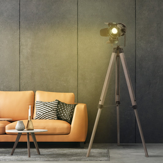 Industrial Style Tripod Floor Lamp Vintage Spotlight Reading Lamp w/ Wood Metal Legs E27 Base Versatile Use For Living Room Bedroom