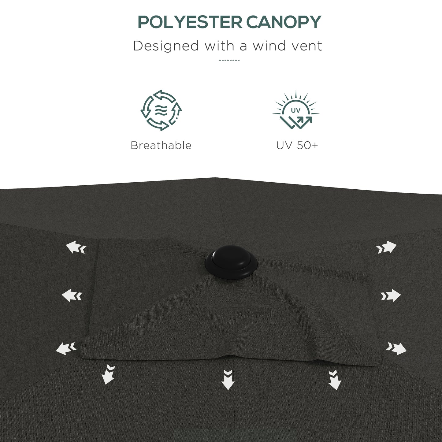 2 x 3(m) Garden Parasol Umbrella, Rectangular Outdoor Market Umbrella Sun Shade With Crank & Push Button Tilt, 6 Ribs - Dark Grey