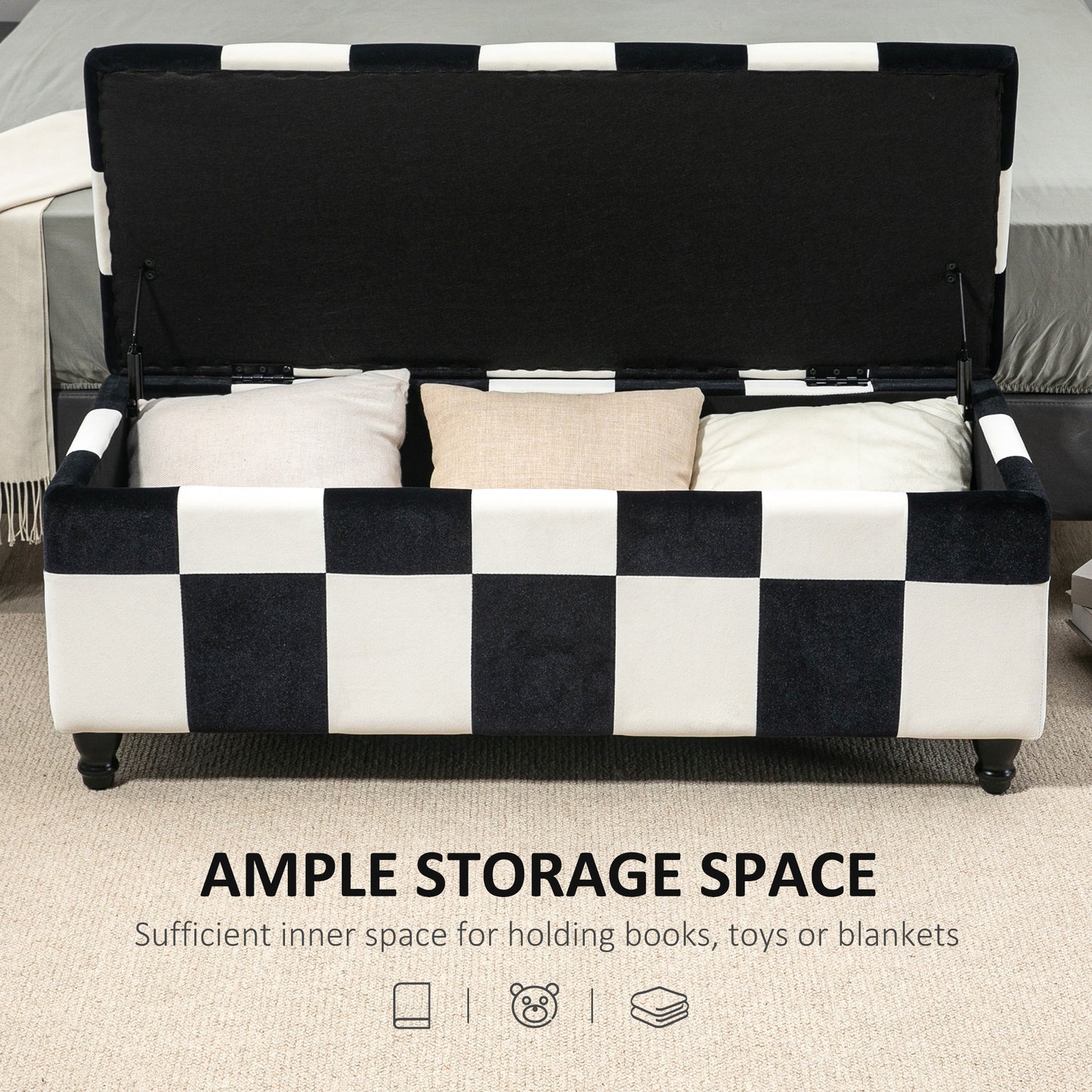Velvet Storage Ottoman, Button-tufted Footstool Box, Toy Chest with Lid for Living Room, Bedroom, White and Black 114 x 47 x 47cm