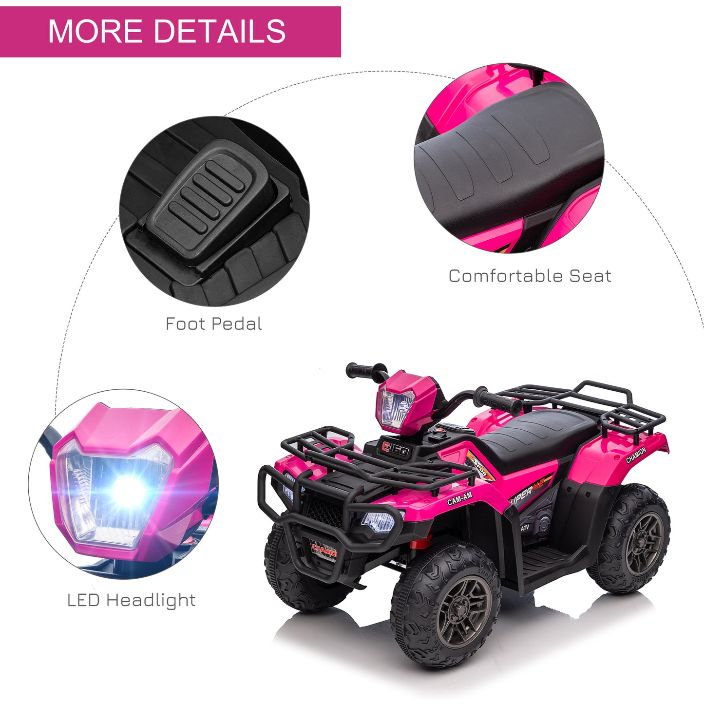 Kids 12V Quad Bike with Forward Reverse Functions, Ride On ATV with Music, LED Headlights, for Ages 3-5 Years - Pink