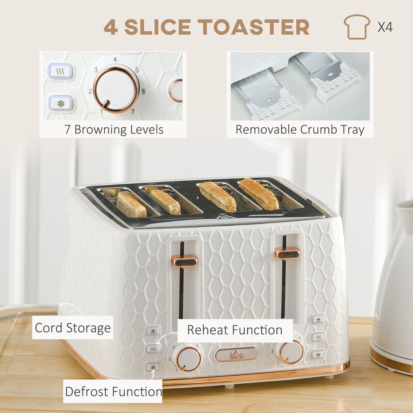 3000W 1.7L Fast Boil Kettle & 4 Slice Toaster Set, Kettle and Toaster Set with 7 Browning Controls, Crumb Tray, White