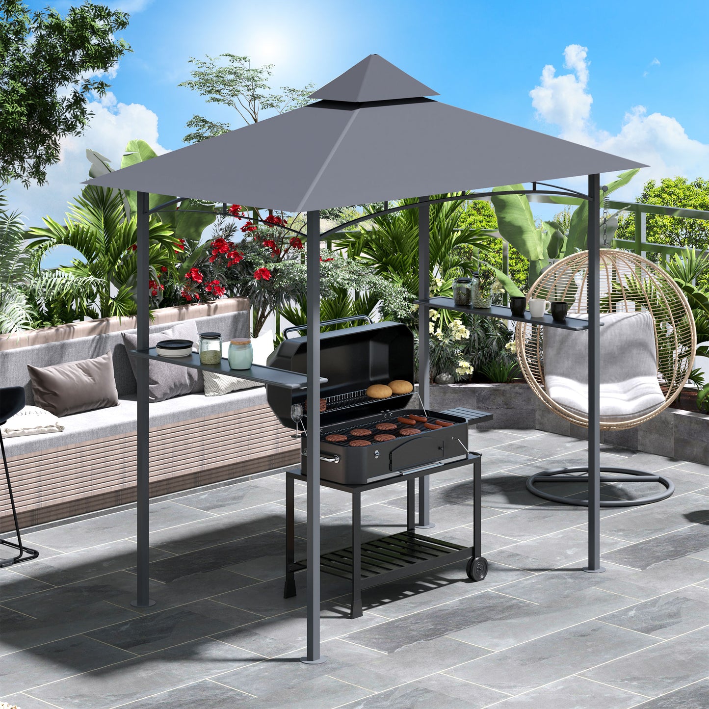 Outsunny 2.5M (8ft) Double-Tier BBQ Gazebo Grill Canopy Barbecue Tent Shelter Patio Deck Cover - Grey