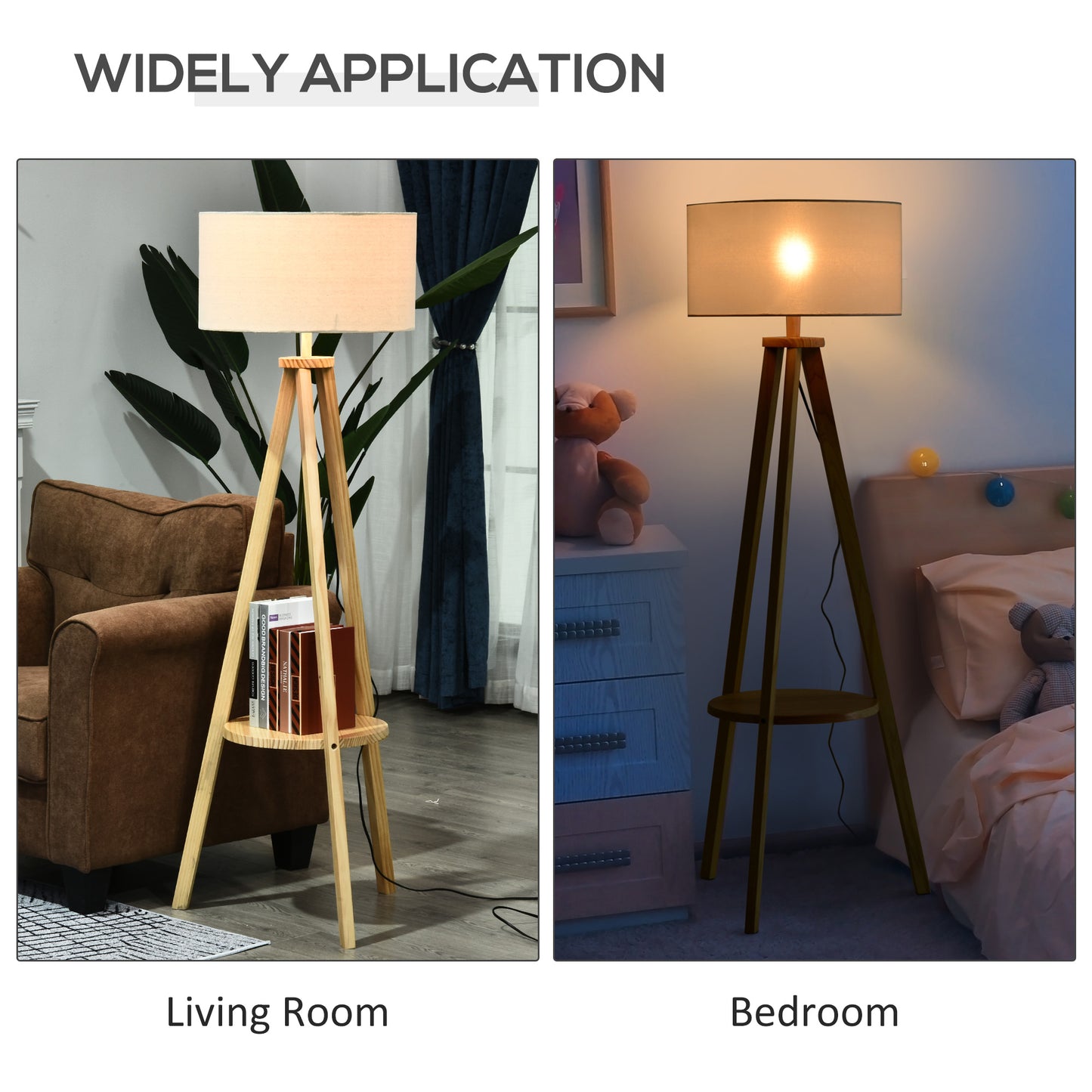 Free Standing Floor Lamp, 50Lx50Wx154H cm-Beige/Natural Wood Colour