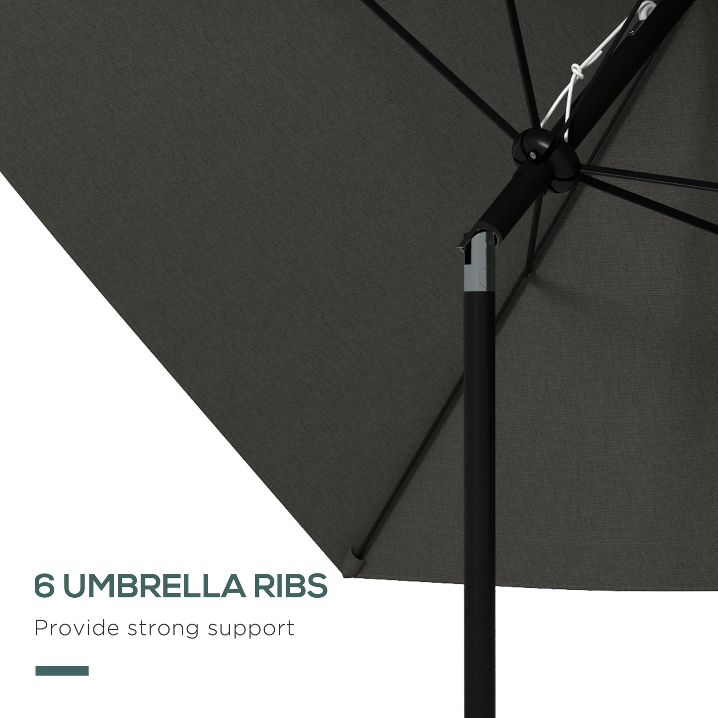 2 x 3(m) Garden Parasol Umbrella, Rectangular Outdoor Market Umbrella Sun Shade With Crank & Push Button Tilt, 6 Ribs - Dark Grey