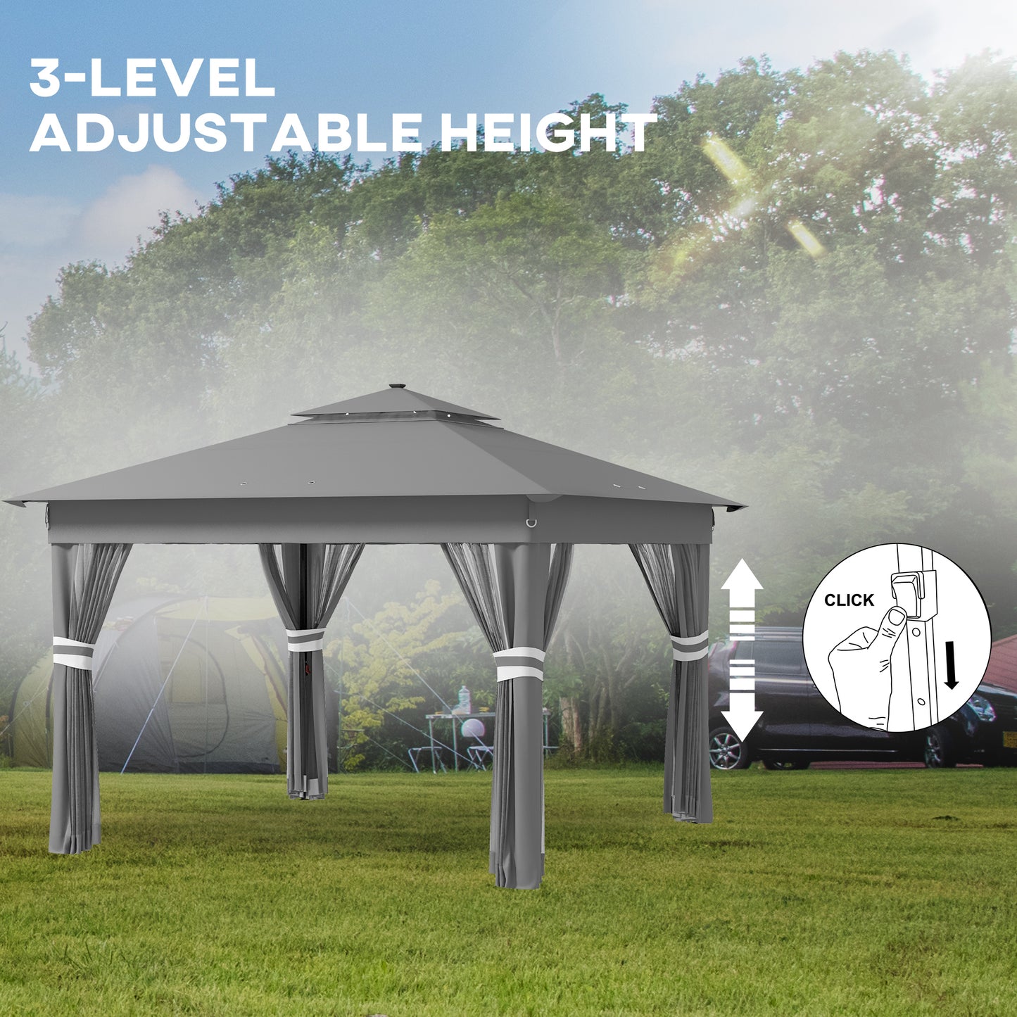 Outsunny 3 x 3(m) Pop Up Gazebo Party Tent with Solar-Powered LED Lights, Adjustable Event Shelter with Curtain, Netting, Grey