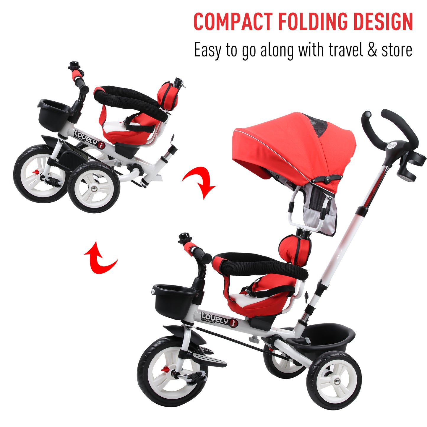 4-in-1 Kids Tricycle Stroller With Canopy-Red