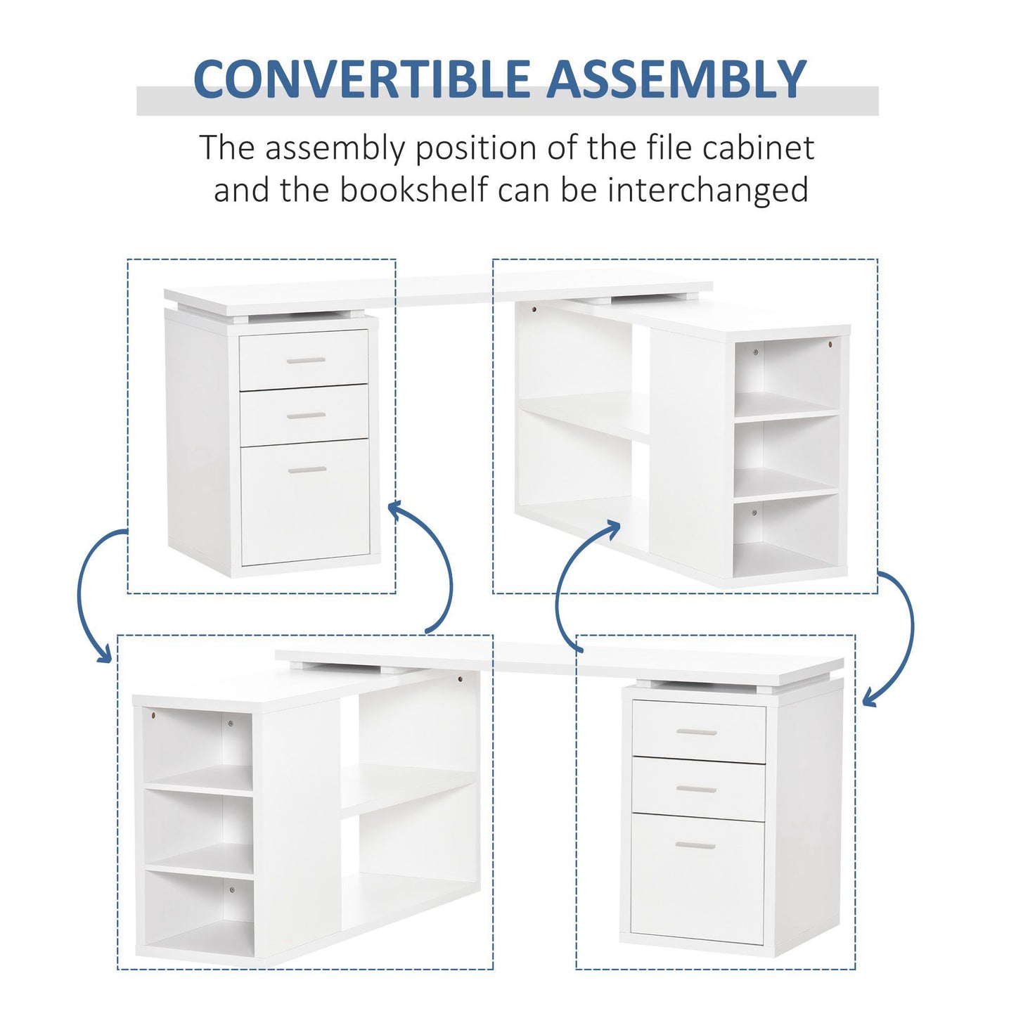 L-Shaped Computer Desk Home Office Corner Desk Study Workstation Table with Storage Shelves and Drawers, White