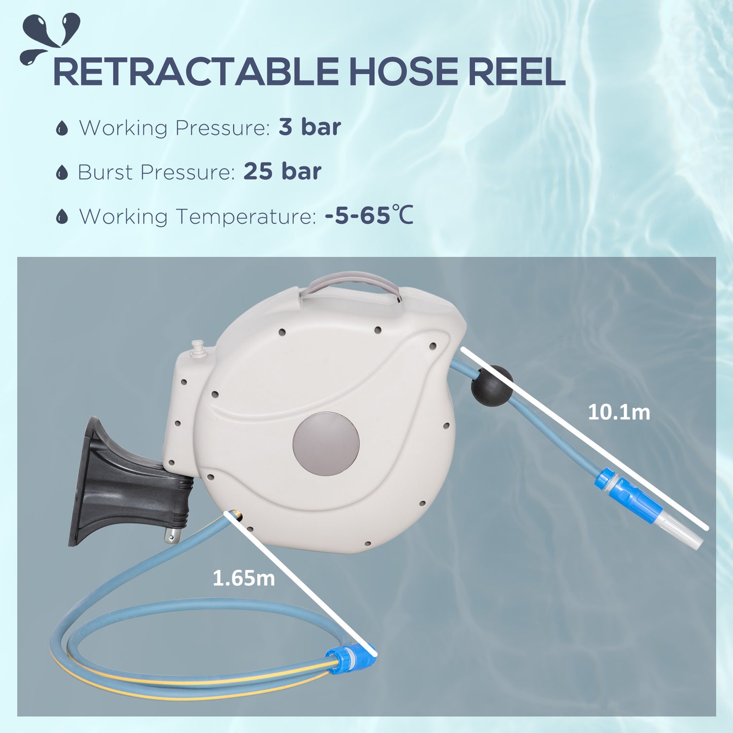 Outsunny Retractable Hose Reel w/ Any Length Lock, Auto Rewind Slow Return System, and 180° Swivel Wall Mounted Bracket, 10m+1.6m