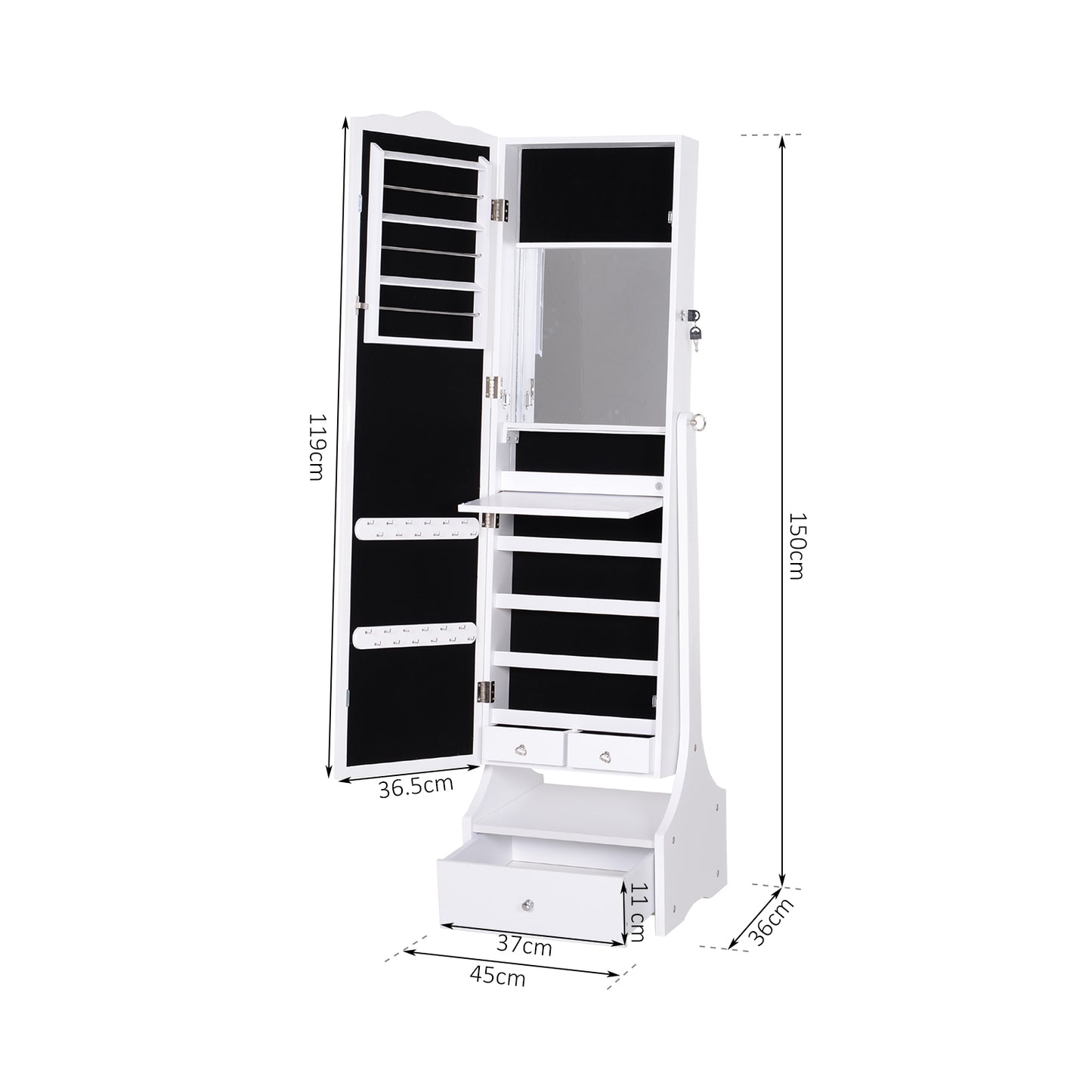 Jewellery Cabinet with led, Mirror Cabinet Armoire Floor Standing Flip-over Makeup Shelf Organizer with lock white